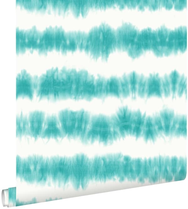 ESTAhome tapet horisontella shibori batikränder intensivt turkos och matt vitt 53 cm x 10,05 m