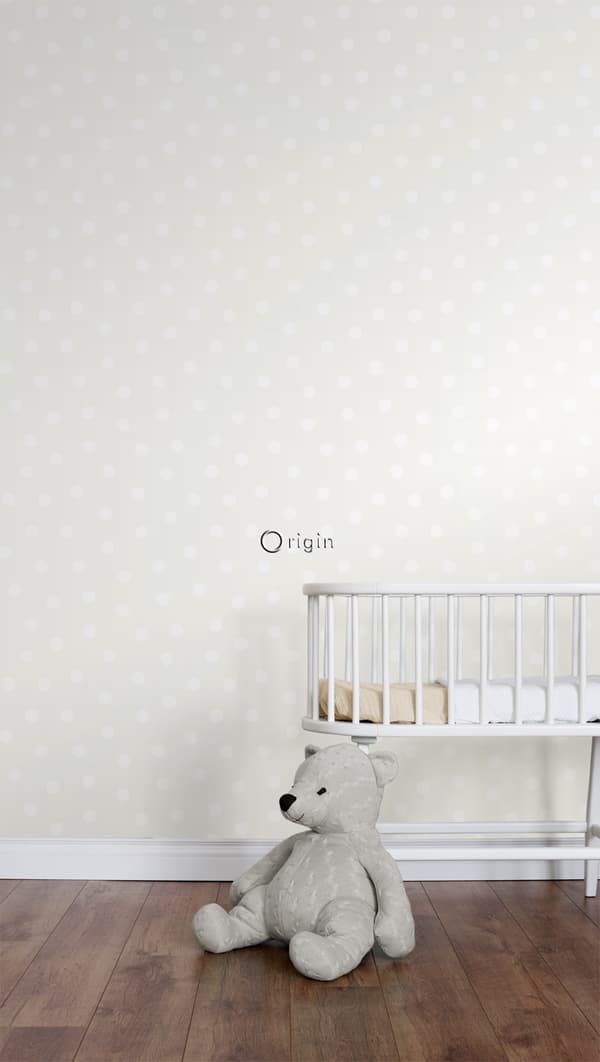 Origin Wallcoverings tapet polkaprikker mathvidt og skinnende sølvgråt 53 cm x 10,05 m