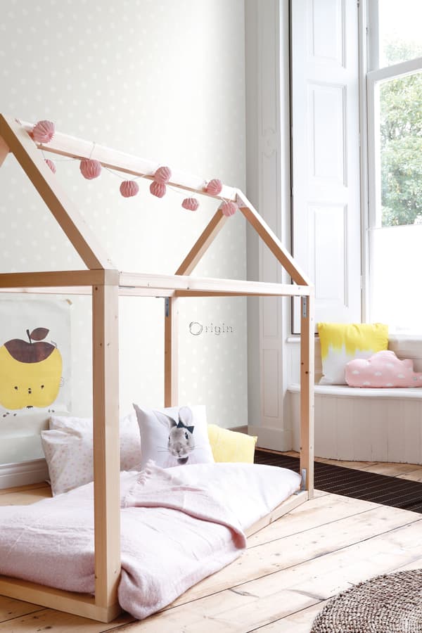 Origin Wallcoverings tapet polkaprikker mathvidt og skinnende sølvgråt 53 cm x 10,05 m