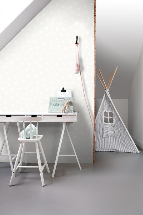 Origin Wallcoverings tapet polkaprikker mathvidt og skinnende sølvgråt 53 cm x 10,05 m
