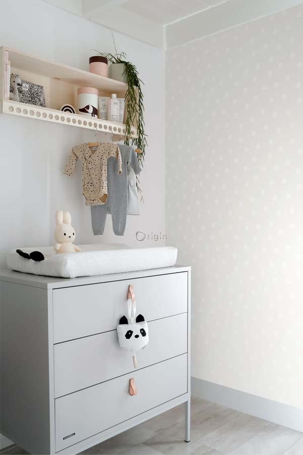 Origin Wallcoverings tapet polkaprikker mathvidt og skinnende sølvgråt 53 cm x 10,05 m