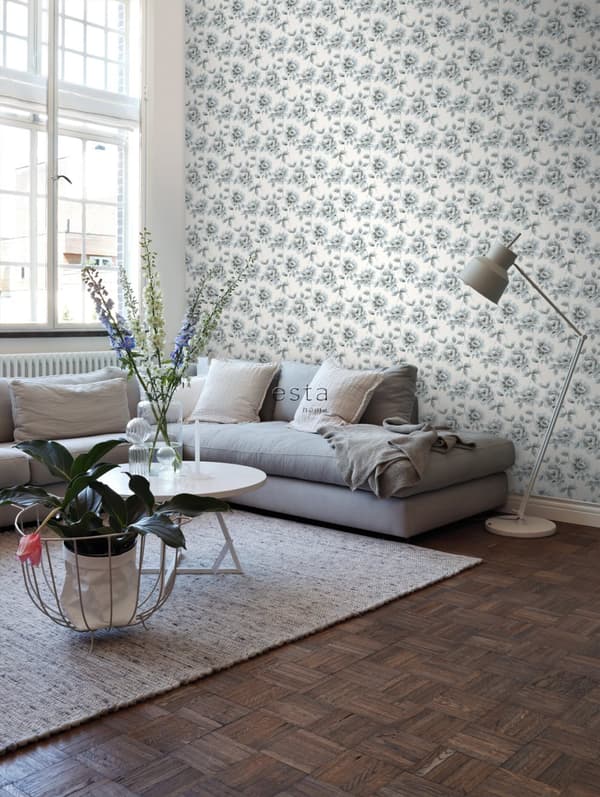 ESTAhome tapet akvarelmalede roser lyseblåt og gråt 53 cm x 10,05 m