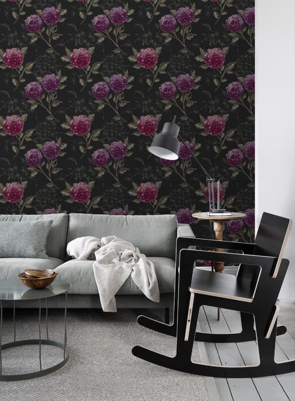 ESTAhome tapet hortensior svart och aubergine 53 cm x 10,05 m