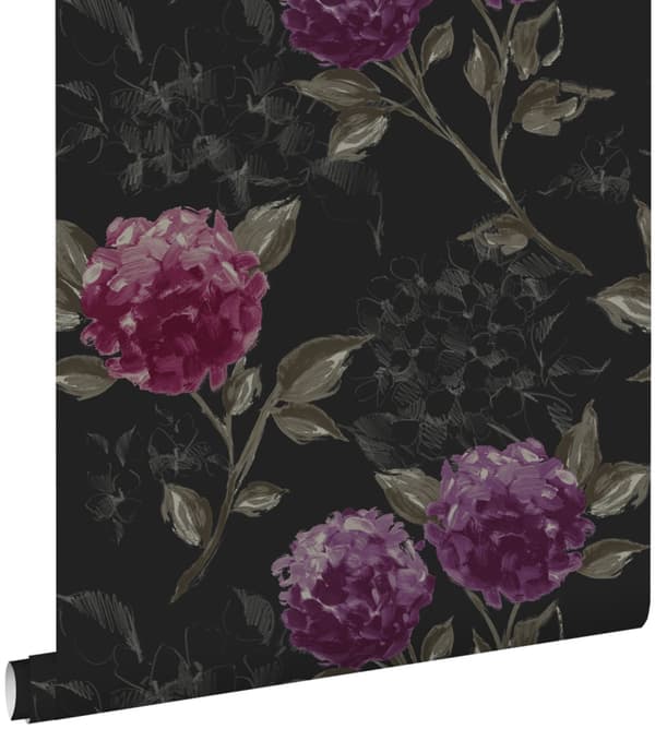 ESTAhome tapet hortensior svart och aubergine 53 cm x 10,05 m