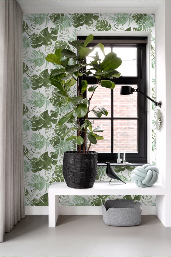 ESTAhome tapet malede tropiske jungleblade gråligt olivengrønt - 138888 - 53 cm x 10,05 m