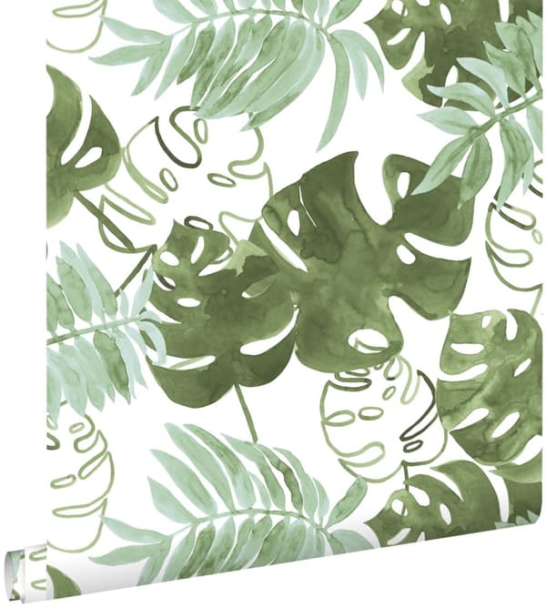 ESTAhome tapet malede tropiske jungleblade gråligt olivengrønt - 138888 - 53 cm x 10,05 m