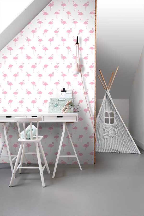 ESTAhome tapet flamingos rosa och vitt 0,53 x 10,05 m