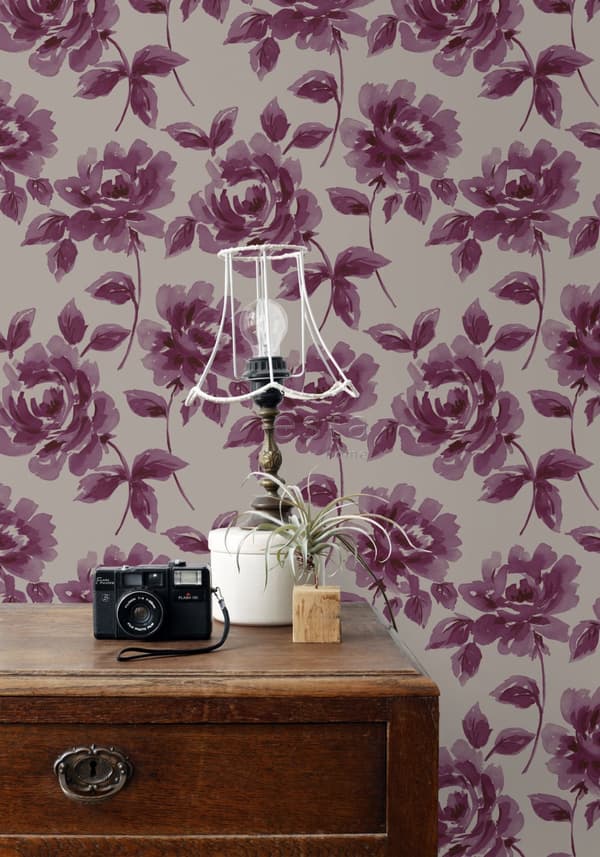 ESTAhome tapet akvarelmalede roser aubergine lilla og mulvarpegråt 53 cm x 10,05 m