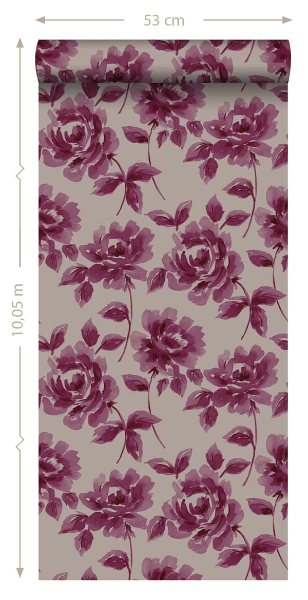 ESTAhome tapet akvarelmalede roser aubergine lilla og mulvarpegråt 53 cm x 10,05 m
