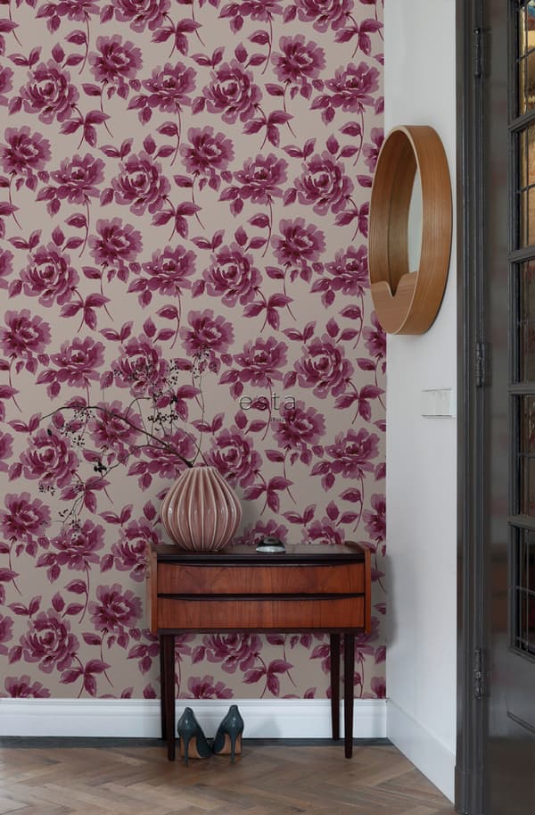 ESTAhome tapet akvarelmalede roser aubergine lilla og mulvarpegråt 53 cm x 10,05 m