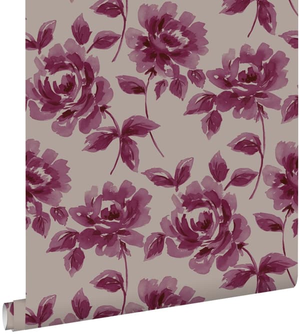ESTAhome tapet akvarelmalede roser aubergine lilla og mulvarpegråt 53 cm x 10,05 m