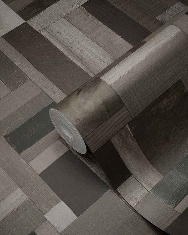 Origin Wallcoverings tapet træstumper plankemotiv sort og gråt 53 cm x 10,05 m