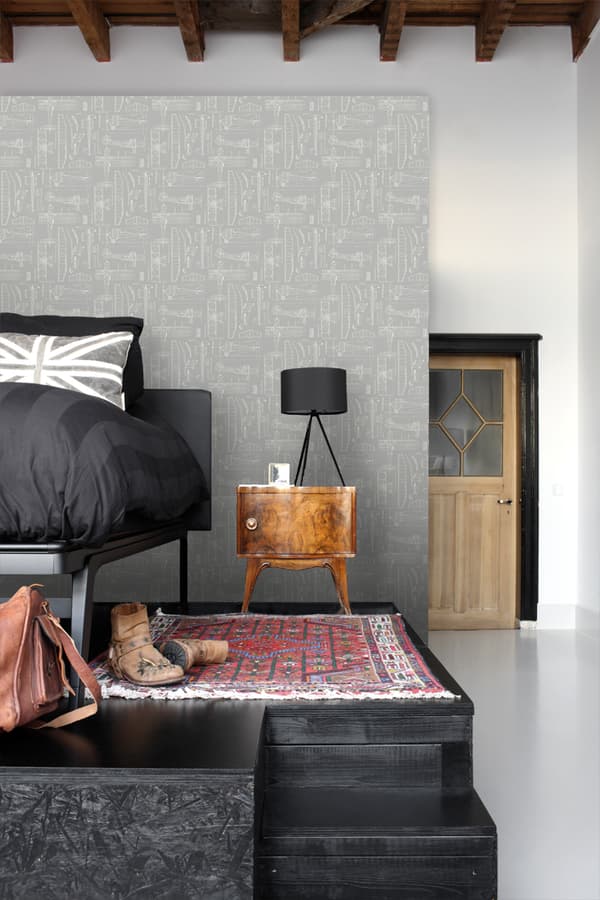 ESTAhome tapet konstruktionsritningar av flygplan mullvadsgrått 53 cm x 10,05 m
