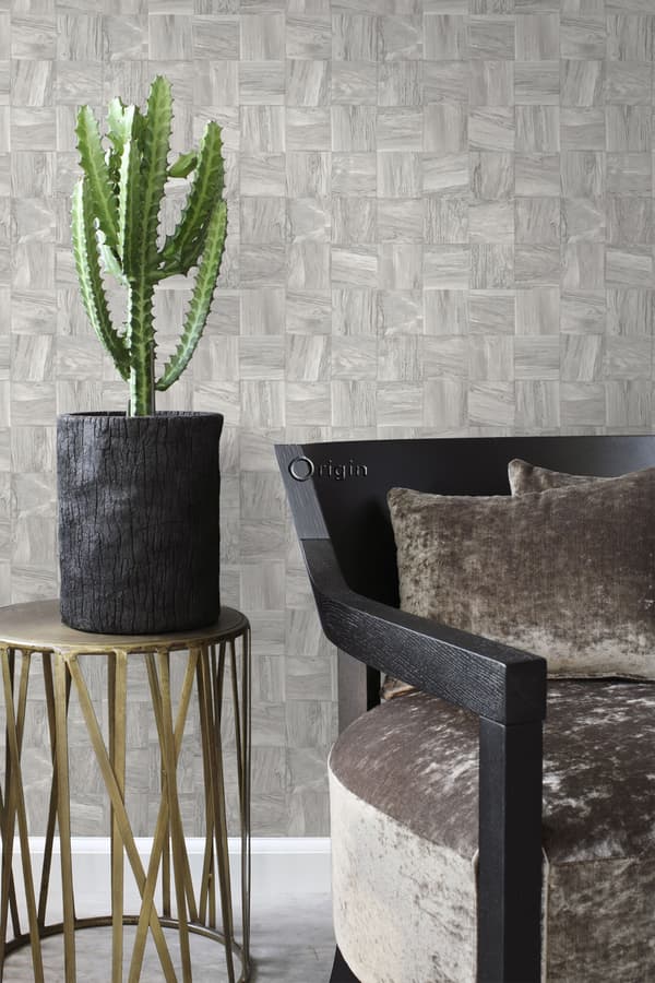 Origin Wallcoverings tapet firkantede stykker af træstumper lysegråt 53 cm x 10,05 m