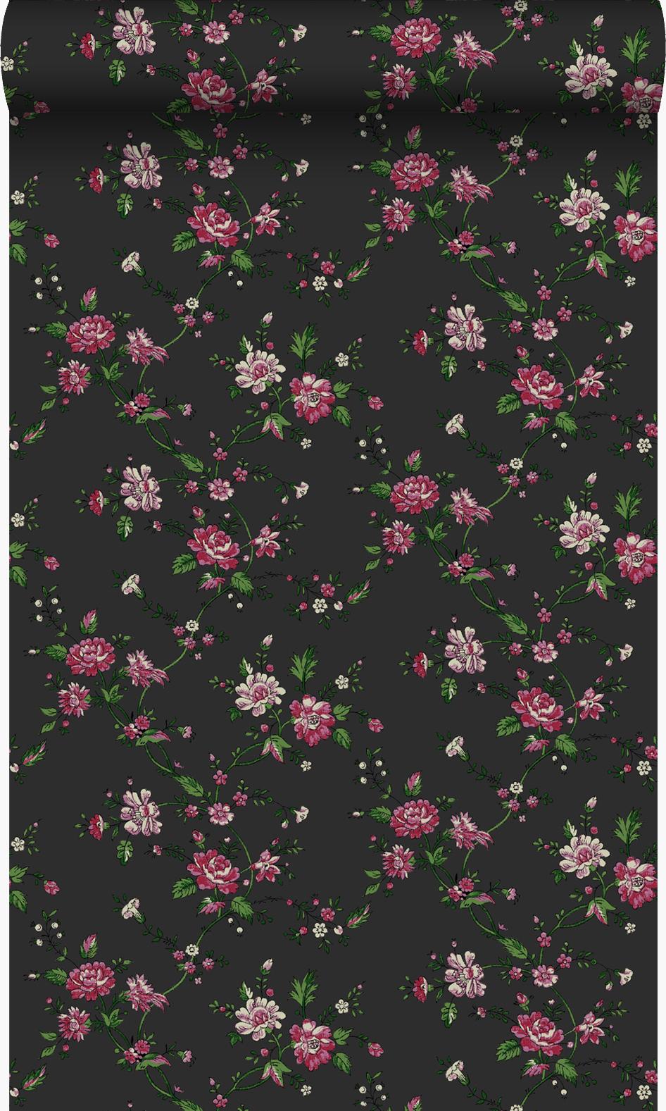 Origin tapet blommor svart och rosa - 326127 - 53 cm x 10,05 m