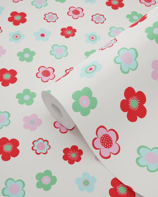 ESTAhome tapet vintage blomster lyseblåt, grønt og rødt 53 cm x 10,05 m