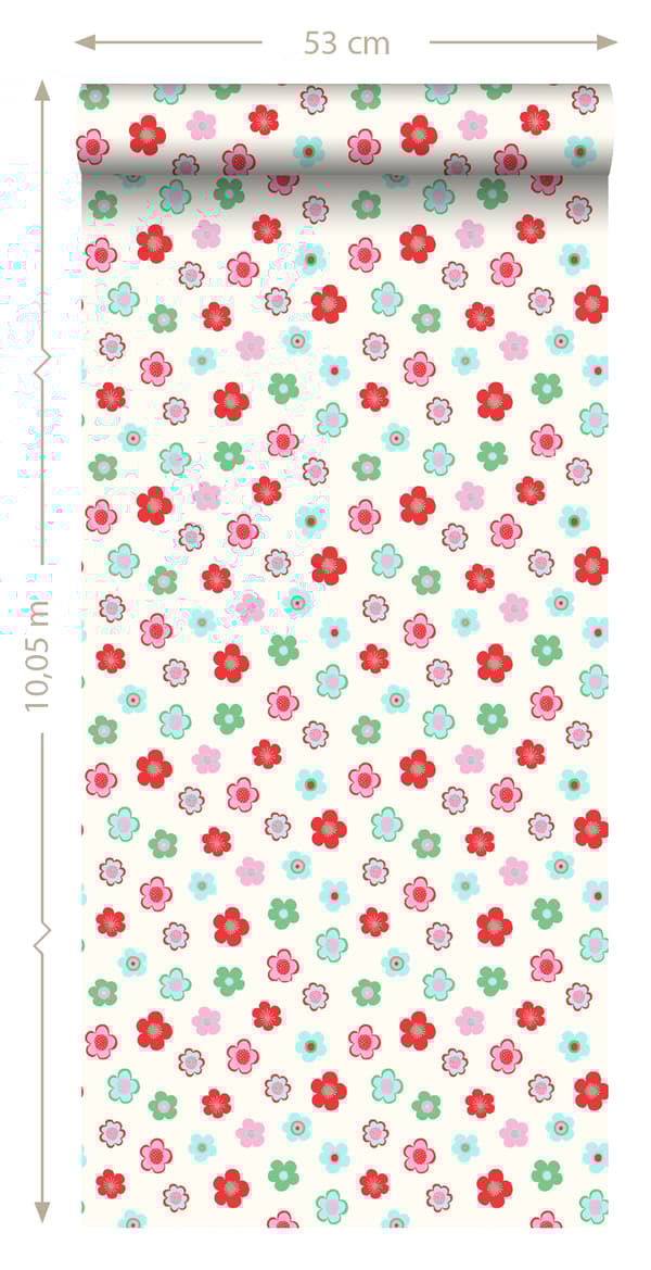 ESTAhome tapet vintage blomster lyseblåt, grønt og rødt 53 cm x 10,05 m