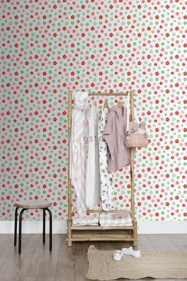 ESTAhome tapet vintage blomster lyseblåt, grønt og rødt 53 cm x 10,05 m