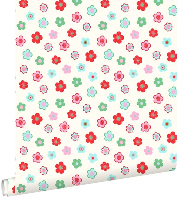 ESTAhome tapet vintage blomster lyseblåt, grønt og rødt 53 cm x 10,05 m