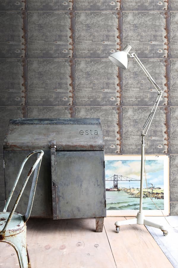 ESTAhome tapet metalplader lysegråt og rustbrunt 53 cm x 10,05 m