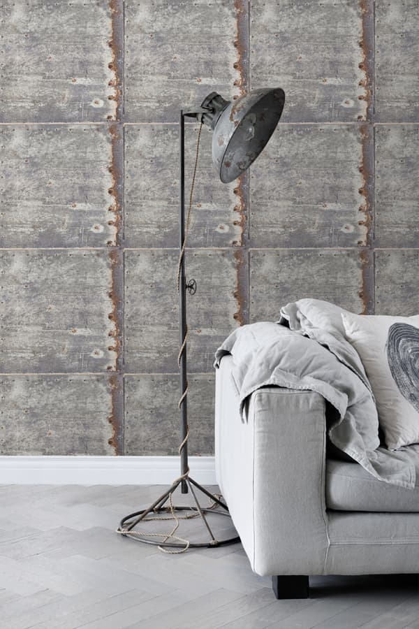 ESTAhome tapet metalplader lysegråt og rustbrunt 53 cm x 10,05 m