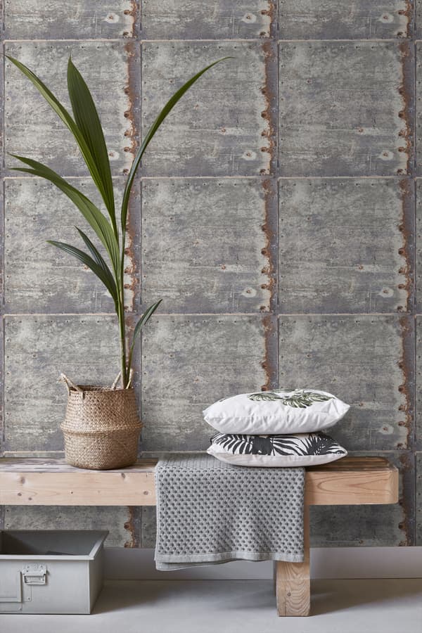ESTAhome tapet metalplader lysegråt og rustbrunt 53 cm x 10,05 m