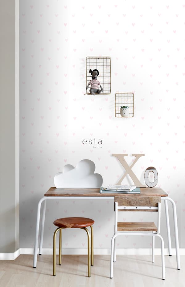 ESTAhome tapet små hjärtan ljusrosa och vitt 53 cm x 10,05 m