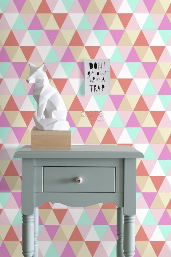ESTAhome tapet trianglar rosa, turkost och korallrött 53 cm x 10,05 m