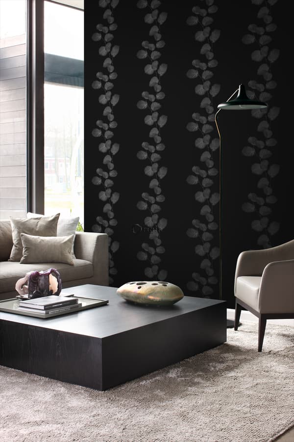 Origin Wallcoverings tapet blade sort og sølv 53 cm x 10,05 m