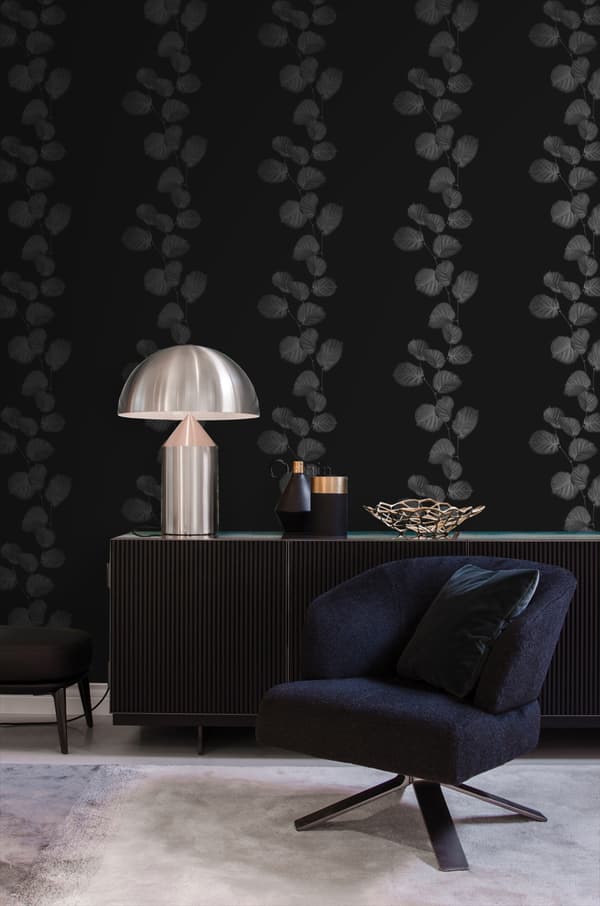 Origin Wallcoverings tapet blade sort og sølv 53 cm x 10,05 m