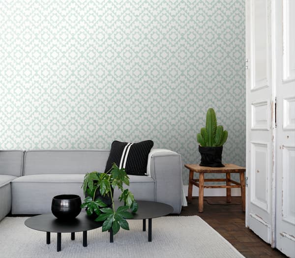 ESTAhome tapet matta med Marrakech Ibiza aztekmönster mintgrönt och matt vitt 53 cm x 10,05 m