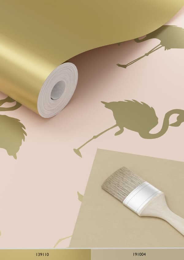 ESTAhome tapet flamingoer guld og ferskenfarvet 0,53 x 10,05 m