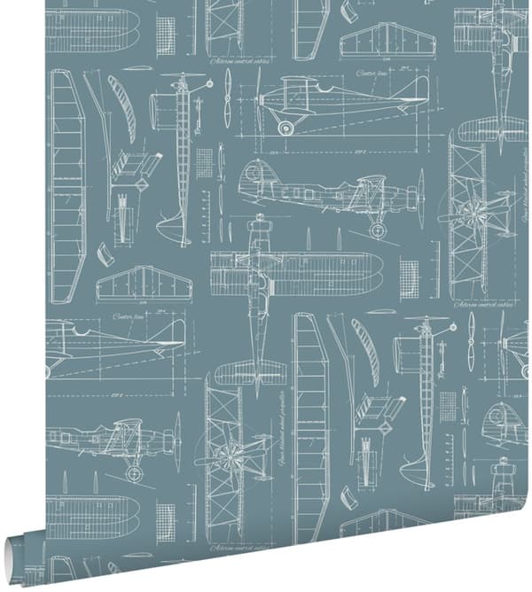 ESTAhome tapet konstruktionsritningar av flygplan mörkt vintageblått 53 cm x 10,05 m