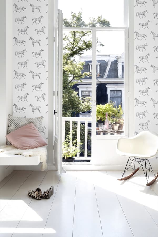 ESTAhome tapet pennteckning hästar svart på vitt 53 cm x 10,05 m