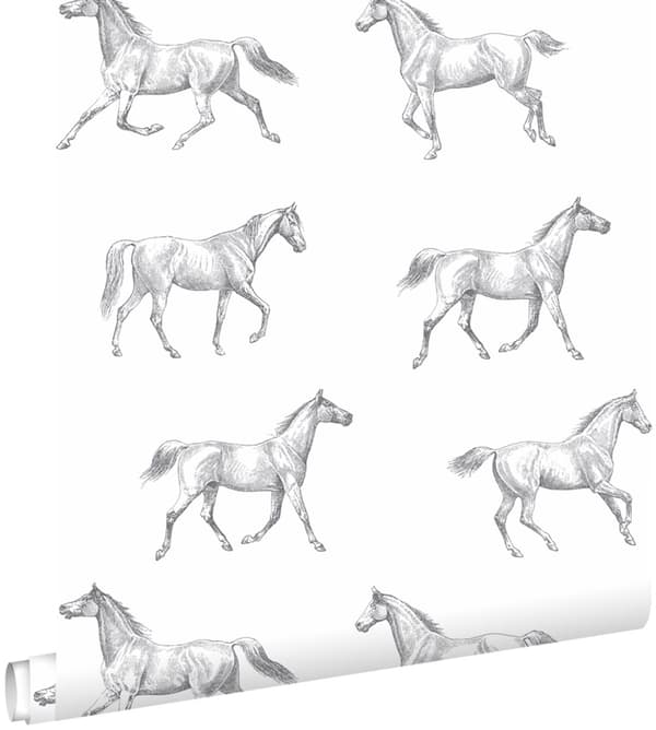 ESTAhome tapet pennteckning hästar svart på vitt 53 cm x 10,05 m