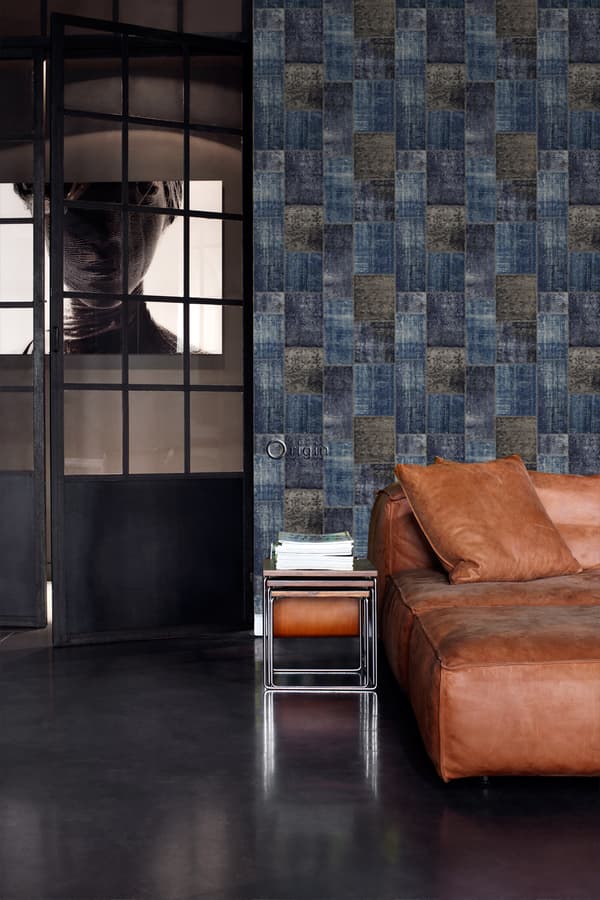Origin Wallcoverings tapet kelim-lapptäcke mullvadsgrått och blått 53 cm x 10,05 m