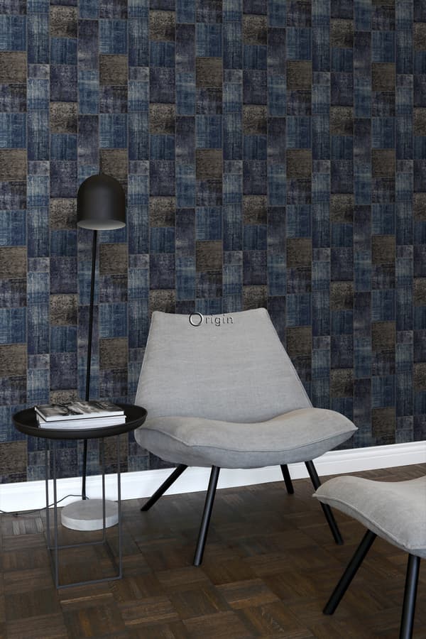 Origin Wallcoverings tapet kelim-lapptäcke mullvadsgrått och blått 53 cm x 10,05 m