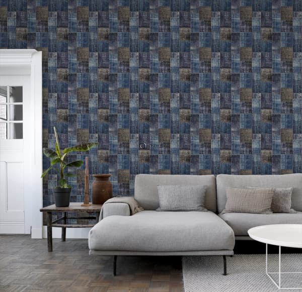 Origin Wallcoverings tapet kelim-lapptäcke mullvadsgrått och blått 53 cm x 10,05 m