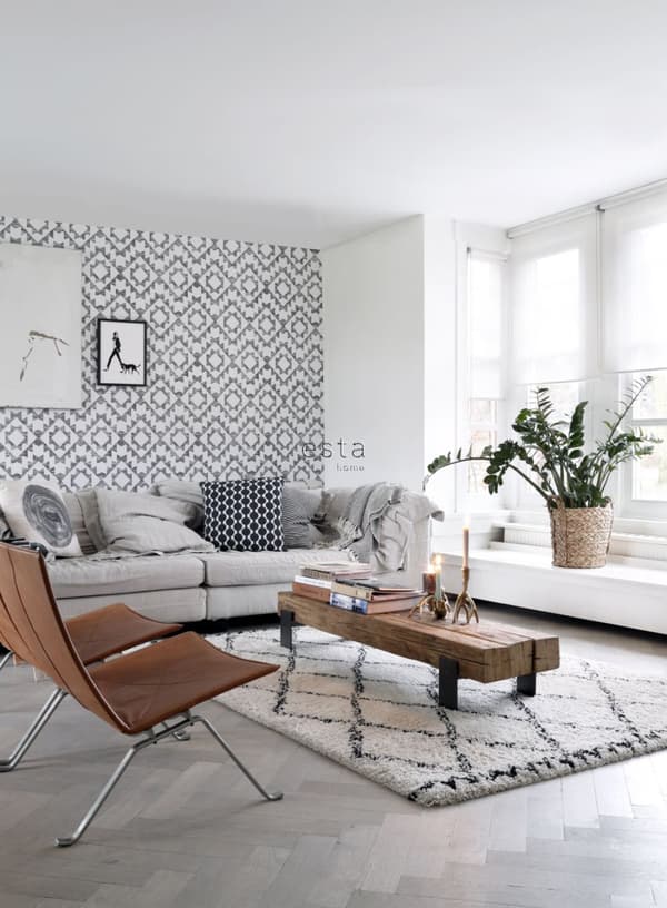 ESTAhome tapet matta med Marrakech Ibiza aztekmönster svart och matt vitt 53 cm x 10,05 m