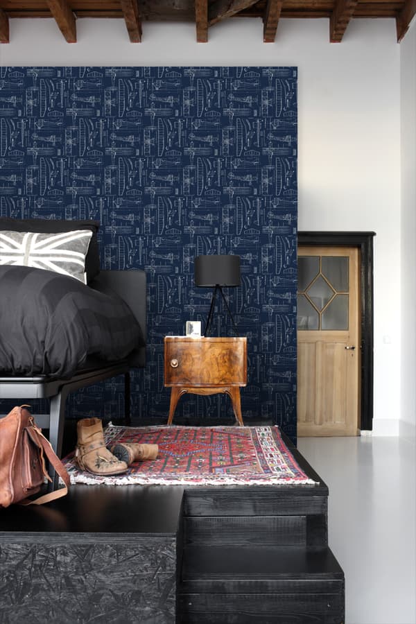 ESTAhome tapet flykonstruktionstegninger mørkeblåt 53 cm x 10,05 m