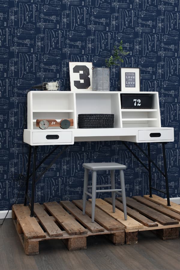 ESTAhome tapet flykonstruktionstegninger mørkeblåt 53 cm x 10,05 m
