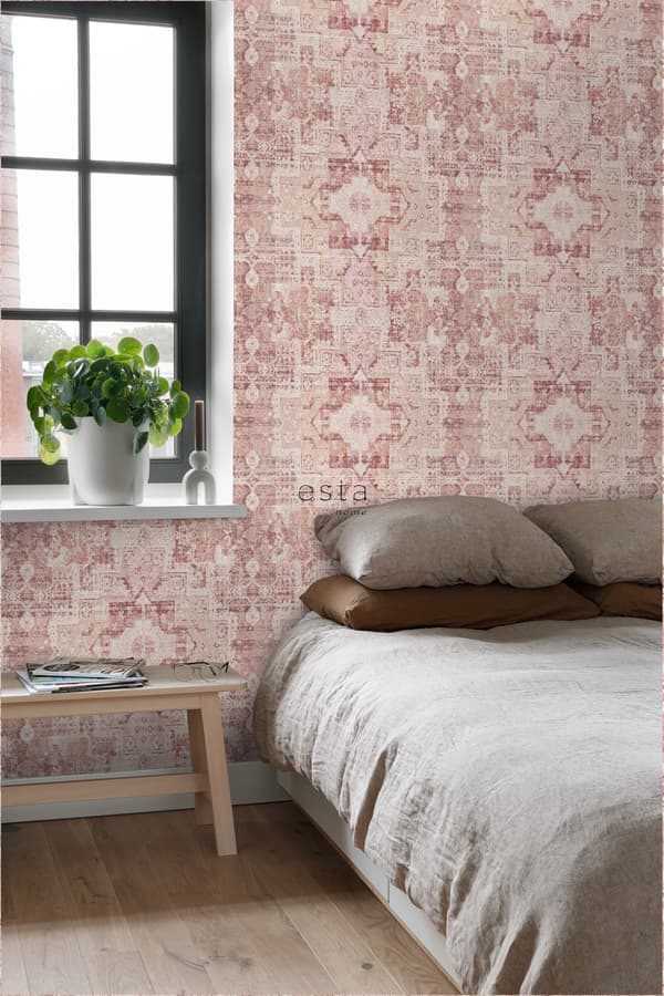 ESTAhome tapet orientalsk kelim kludetæppe terracotta pink 53 cm x 10,05 m