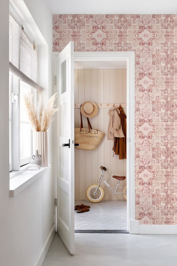 ESTAhome tapet orientalsk kelim kludetæppe terracotta pink 53 cm x 10,05 m