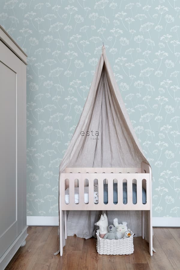 ESTAhome tapet blomflock ljusblått och vitt 0,53 x 10,05 m