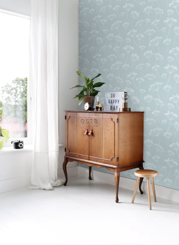 ESTAhome tapet blomflock ljusblått och vitt 0,53 x 10,05 m