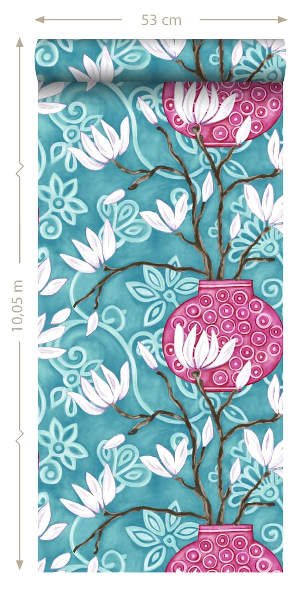 Origin Wallcoverings tapet magnolia turkost och rosa 53 cm x 10,05 m