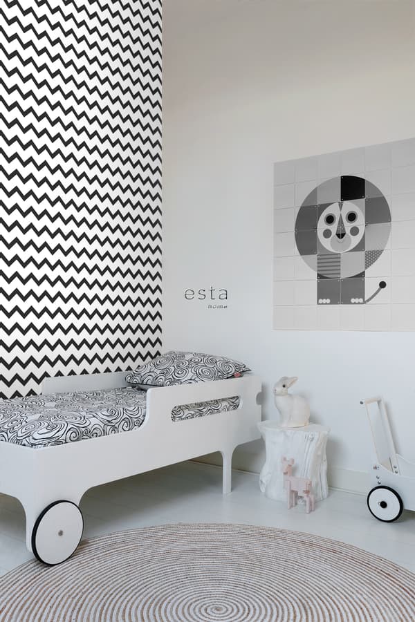 ESTAhome tapet zig-zag-motiv sort og hvidt 0,53 x 10,05 m