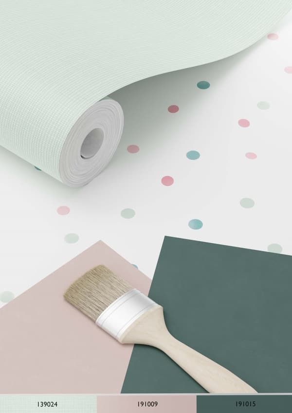 ESTAhome tapet prickar rosa, mintgrönt och vintage gråblått 0,53 x 10,05 m