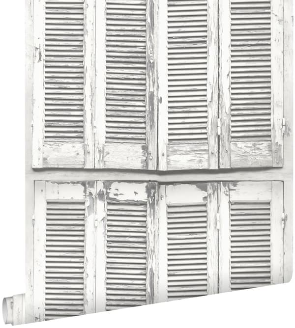 ESTAhome tapet forvitrede franske vintage træskodder varmt lysegråt og mathvidt 53 cm x 10,05 m