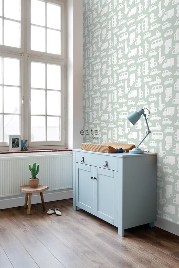 ESTAhome tapet bilar mintgrönt 0,53 x 10,05 m